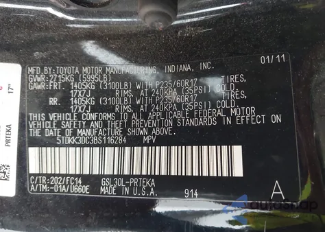 2011 Toyota Sienna Le V6 из США, поврежденный, VIN 5TDKK3DC3BS116284